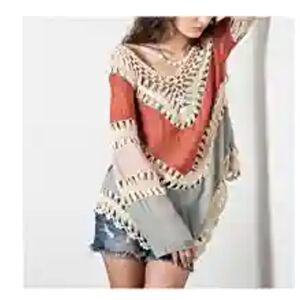 Crochet Trim Tunic Top Boho Festival Bell Sleeve Blouse Oversized Size Small